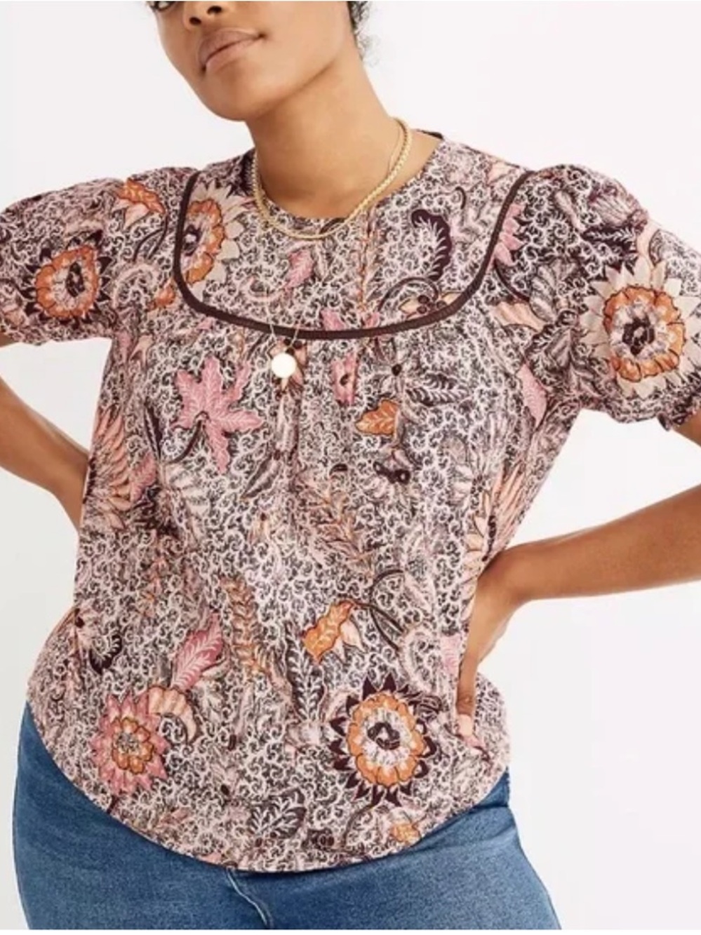 Madewell Yoked Puff-Sleeve Top in Bali Blooms Pink